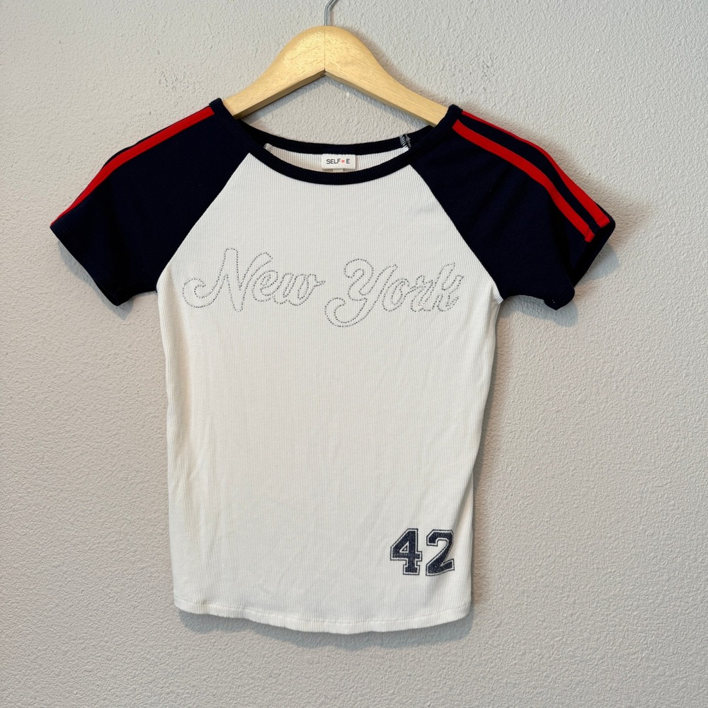 Self Love New York Raglan Baby Tee Ribbed Navy Blue Red Sporty Top Small